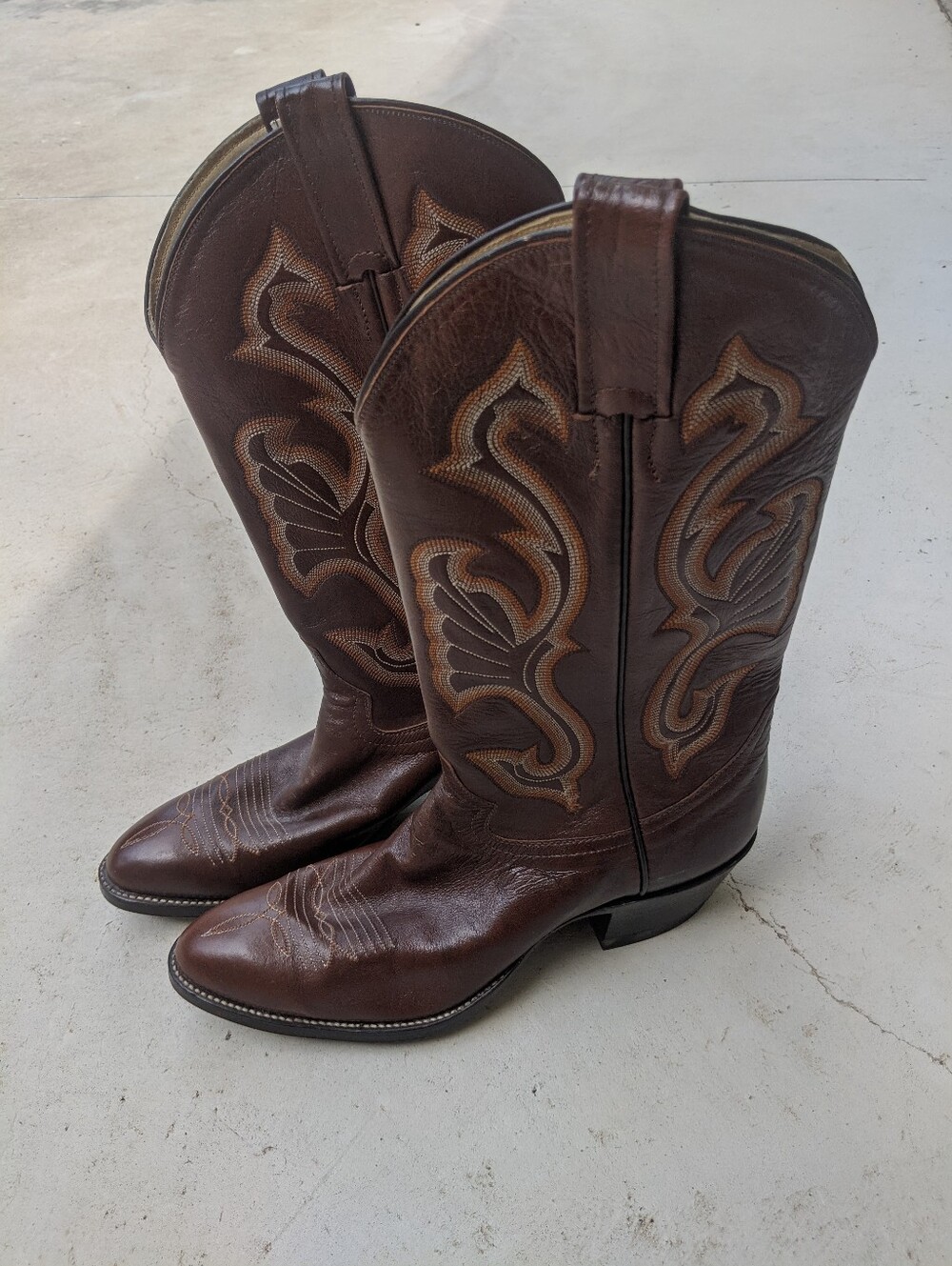 Vintage CUTTER BILL Brown Embroidered Leather Pointed Toe Cowboy Boots